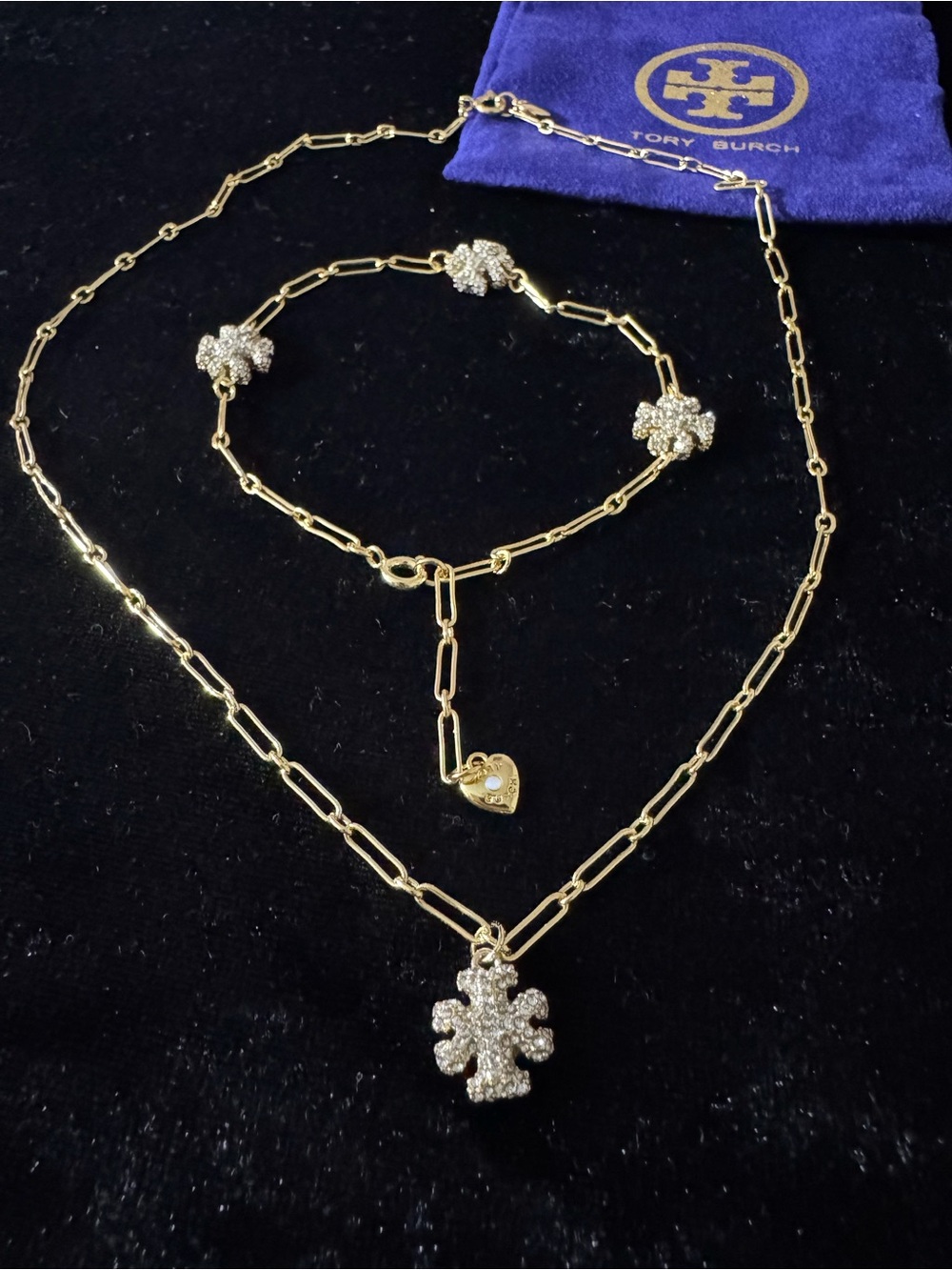 Tory Burch Gold Chain Necklace Set with Crystal Logo and Heart Charm - Gold
